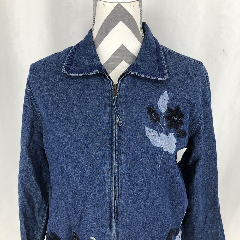 Erika Blue Floral Embroidered Full Zip Chambray Jacket Shirt Small